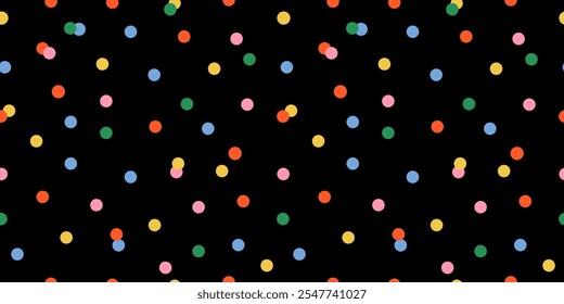 Seamless pattern of polka dots on a black background. New year confetti dark backdrop. Christmas background. Perfect for festive celebrations, ads, cards, and wrapping paper. Carnaval Party texture.