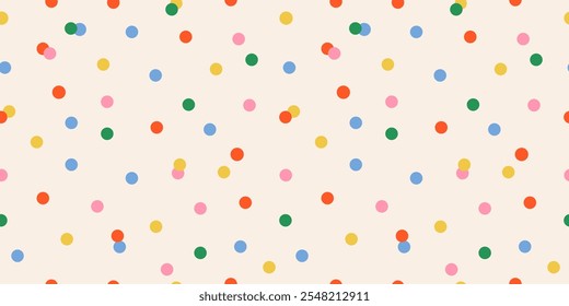 Seamless pattern of polka dots on a white background. New year confetti light backdrop. Christmas background. Perfect for festive celebrations, ads, cards, and wrapping paper. Carnaval Party texture.