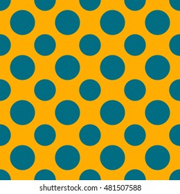Seamless pattern polka dots on yellow background. Trendy texture with blue bubbles