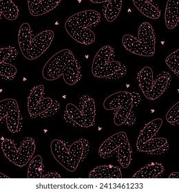 Patrón sin foco con polka, los corazones rosados sobre fondo negro, garabatos. Ilustración del vector