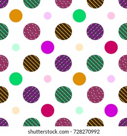 Seamless pattern of polka dots with striped lines inside between simple colorful circles vector geometric design vintage retro background