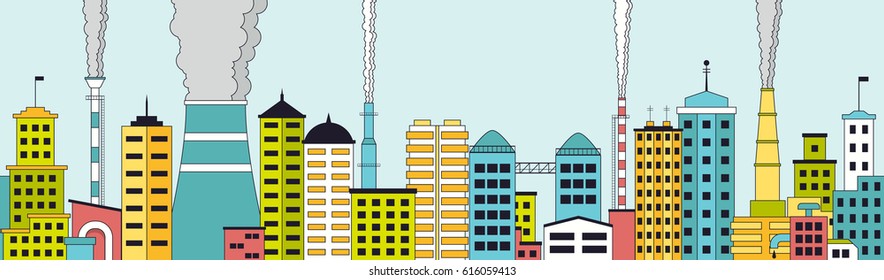 Seamless pattern of polluted industrial city with factories and chimneys with smoke. Panoramic view of modern city with industrial plants. Cityscape with skyscrapers. Flat style vector illustration.