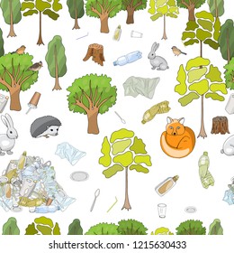 Seamless pattern. Pollution of the environment. Garbage and waste in forests, in wildlife. Vector hand draw collection. Concept of Recycles Day, World Cleanup Day and ecology