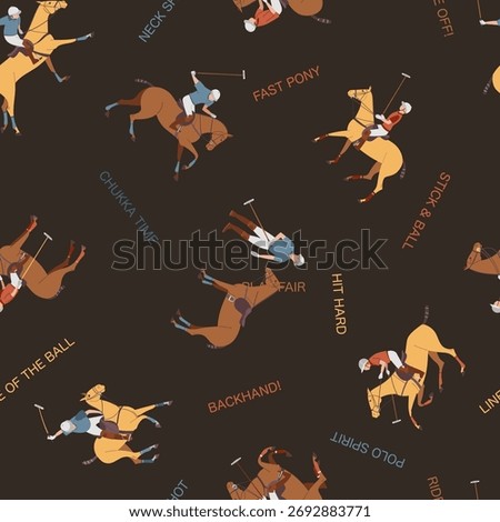 Seamless pattern with polo players and horses in action with sport-related text on dark background