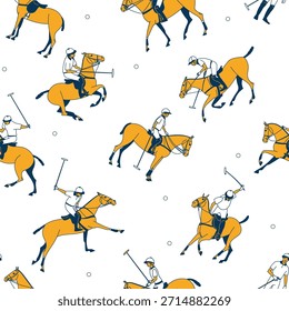 Patrón sin fisuras con jugadores de polo en caballos en poses dinámicas sobre fondo blanco con Elementos mínimos