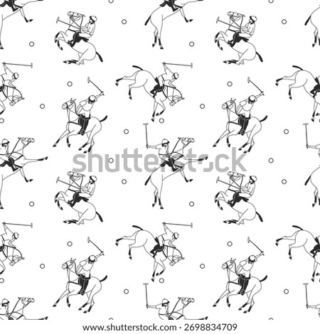 Seamless pattern with polo players on horses in dynamic black and white sketch style on white background