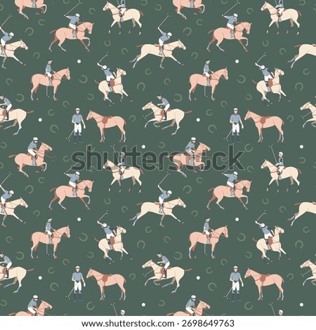 Seamless pattern with polo players riding horses and swinging mallets