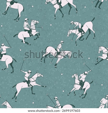 Seamless pattern with polo players riding horses and hitting balls on a textured green background