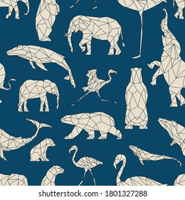 Seamless pattern with polygon animals. Low poly bear, flamingo, whale, elephant. Triangle graphic, origami style. Abstract geometric modern design. Vector illustration for fabric, printing, t-shirts