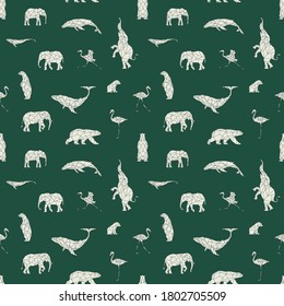 Seamless pattern with polygon animals. Low poly bear, flamingo, whale, elephant. Triangle graphic, origami style. Abstract geometric modern design. Vector illustration for fabric, printing, t-shirts