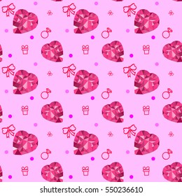seamless Pattern with polygon blue sunhine heart. Valentine's Day. Vector background diamond heart stone