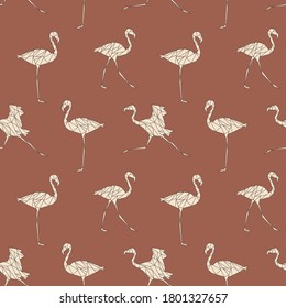 Seamless pattern with polygon flamingos. Low poly animal. Triangle graphic, origami style. Terracotta background. Abstract geometric modern design. 
Vector illustration for fabric, printing, t-shirts