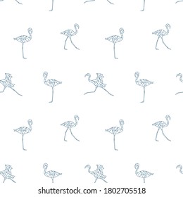 Seamless pattern with polygon flamingos. Low poly animal. Triangle graphic, origami style. White background. Abstract geometric modern design. Vector illustration for fabric, printing, t-shirts
