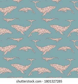 Seamless pattern with polygon whales. Low poly animal. Triangle graphic, origami style. Blue pink background. Abstract geometric modern design. Vector illustration for fabric, printing, t-shirts