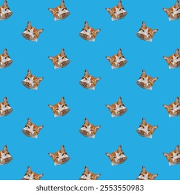 Seamless pattern of polygonal cat faces on a vibrant blue background, ideal for textiles, wallpapers, and creative designs