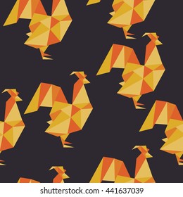 Seamless pattern polygonal cock. origami style. 2017 Happy New Year greeting card. Celebration background with Rooster and place for your text.