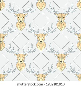 Seamless pattern polygonal deer head. Linear and polygonal deer, vector illustration, print art, abstraction, nature. Geometric background low poly deer line on white background. Ikea style.