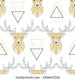 Seamless pattern polygonal deer head. Linear deer, vector illustration, print art, abstraction, nature. Geometric background low poly deer line on white background. 
Scandinavian interior.