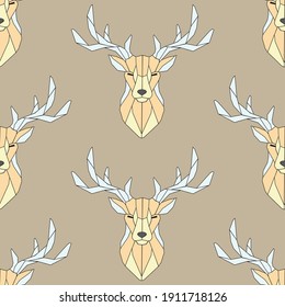 Seamless pattern polygonal deer head. Linear deer, vector illustration, print art, abstraction, nature. Geometric background low poly deer line on light brown background.