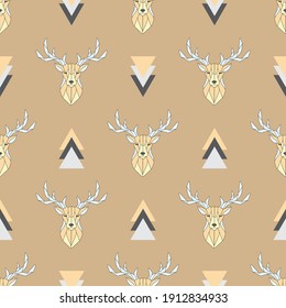 Seamless pattern polygonal deer head. Linear deer, vector illustration, print art, abstraction, nature. Geometric background low poly deer line on brown background. 
Scandinavian interior.