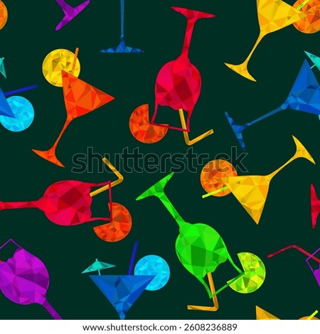 seamless pattern with polygonal rainbow cocktails on dark green background, colorful geometric drinks for summer parties, nightlife themes, bar menus and decor