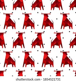 Seamless pattern with polygonal red bull symbol of 2021. 
