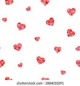 Patrón sin foco con corazones rojos poligonales. Un eterno trasfondo romántico para San Valentín. Símbolos de amor, relaciones y romance para la festividad del 14 de febrero. Aislado. Vector 