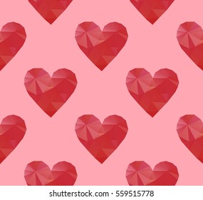 Seamless pattern with polygonal red hearts on pink background