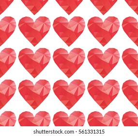 Seamless pattern with polygonal red hearts on white background