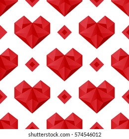 Seamless pattern with polygonal red hearts. Vector abstract  background