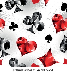 Seamless pattern of polygonal, shiny, red and black playing symbols on gray background. Polygonal playing symbols.