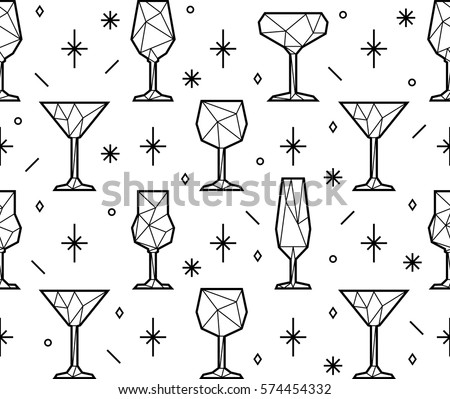 Seamless pattern of polygonal triangle alcoholic glasses, champagne, martini and wine glass. Low poly style. Party background. eps10