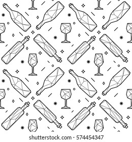 Patrón inexorable de copas de vino y botellas triangulares poligonales. Bajo estilo de poli. Antecedentes del partido. eps10