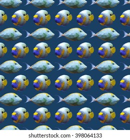 Seamless pattern with polygonal unicornfishes and angelfishes. Triangle low polygon style. Endless backdrop with colorful blue and yellow fishes on deep blue sea background