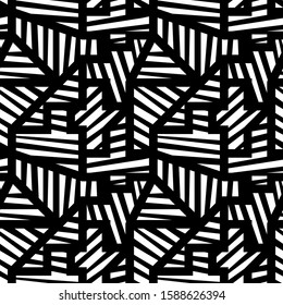 Seamless pattern. Polygons, shapes, strokes backdrop. Abstract background. Figures, triangles, lines ornament. Folk wallpaper. Tribal motif. Ethnic mosaic. Digital paper, textile print. Vector art