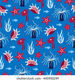 Seamless pattern with polyps, starfish, seaweeds and fishes on blue background. Underwater world