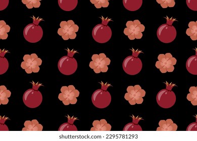 Seamless pattern with Pomegranate berry and flowers. Endless background with Exotic Fruits. Red Fruit backdrop. Vector illustration. Wallpaper and bed linen print. 