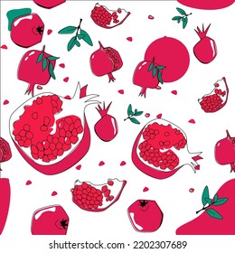 Patrón sin foco con granada. Dibujos en forma de caricatura brillante, fruta entera y cortada. Es bueno para empacar.