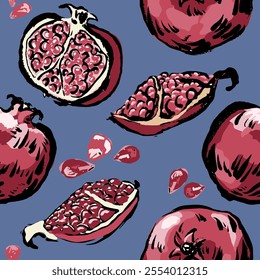 Seamless pattern pomegranate with brush strokes. Vector, isolated. Hand draw with texture.