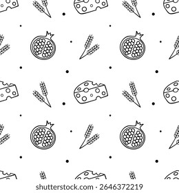 Nahtloses Muster mit Granat, Käse und Weizen auf weißem Hintergrund. Doodle-Stil Ornament für den Druck auf Stoff, Textil und Verpackung für Herbstfest, Ernte, Werbung für landwirtschaftliche Produkte