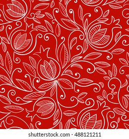 Seamless pattern with pomegranate. Floral pattern with decorative pomegranate fruits and leaves. White pattern on red background. Vector illustration