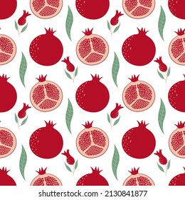 Seamless pattern with pomegranate, flowers and leaves. Fruit pattern.