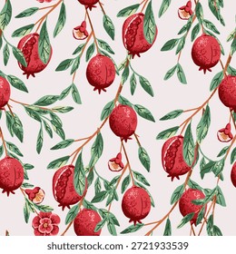 Modelo inconsútil con la rama de la fruta de la granada. Fondo botánico