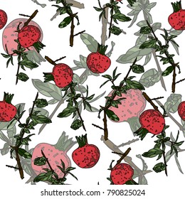 Seamless pattern with pomegranate fruit and branches. Vector illustration. Design elements for prints, cards, posters, products packaging, branding. 