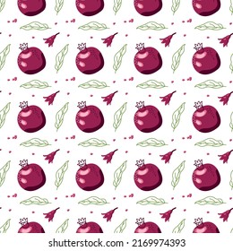 Seamless pattern of pomegranate fruit and pomegranate flower. Vector illustration on a white background for decor, wrapping paper, print