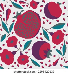 seamless pattern with pomegranate fruit and flowers