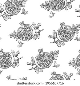 Seamless pattern with Pomegranate fruit in graphic technique. Vector illustration. Food, fruits, leaves, vintage, graphics, sketch. Poster, print, card design. Hand drawn realistic picture. 
