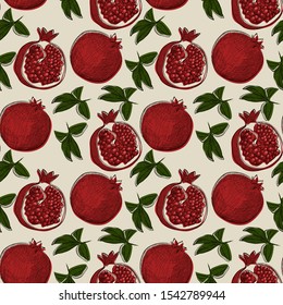 Seamless pattern with pomegranate fruit in hand drawn sketch style. 
Can be used for label, banner, fabric, tablecloth, gift wrap or other