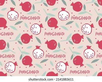 Seamless Pattern with Pomegranate Fruit with leaves, hand drawn doodle sketch isolated. Flat vector repeated background for wallpaper, wrapping, packing, textile. Whole fruit and cut half, slice.