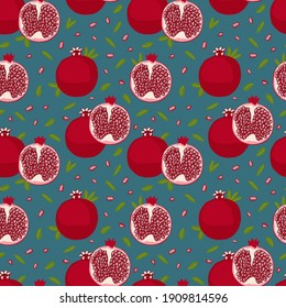 Seamless pattern with pomegranate fruit on a blue-green background. Drawn by hands. Healthy natural food, vitamins. It can be used for printing on textiles, wallpapers.